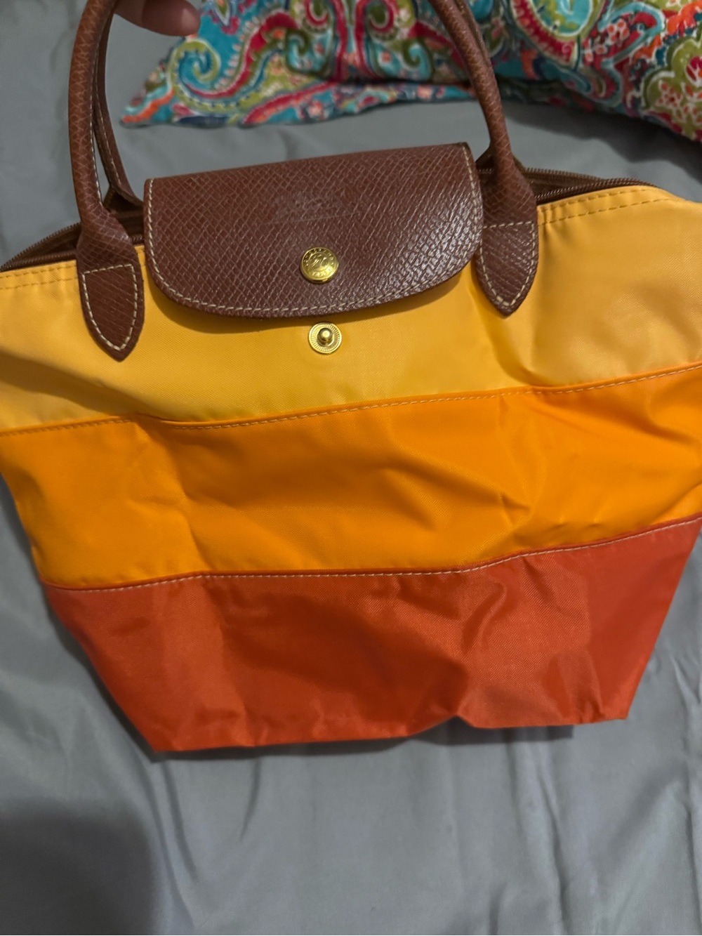 Longchamp Tricolor Nylon Tote in Yellow, Orange & Red-Orange with Brown Trim